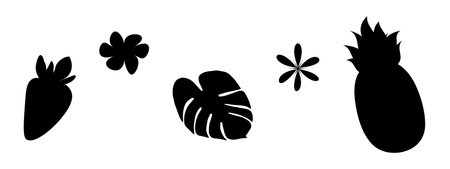 Strawberry, Monstera Leaf, pineapple and abstract flower Silhouettes Tropical fruits and plant Set 5. Isolated Vector illustration Thematic cards, posters, prices, label or web promo banner, leafletsのイラスト素材