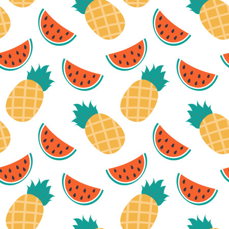Stylized Watermelon slices and Pineapple Seamless pattern. Exotic fruits summer background texture. Isolated Vector illustration Wallpaper wrapping or web promo banner, Thematic cards, posting, blogのイラスト素材
