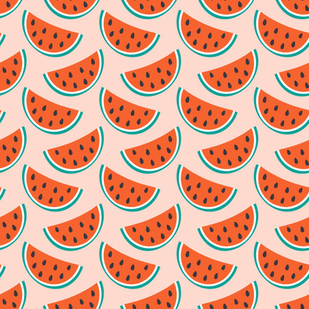 Watermelon slices with seed Seamless Pattern in trendy doodle minimalist. Healthy eating background. Isolated Vector illustration Wallpaper, wrapping, or web promo banner, posting, blogging, leafletsのイラスト素材