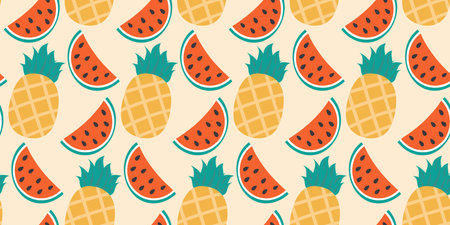 Pineapple and Watermelon slices Seamless pattern. Exotic healthy fruits summer background concept. Isolated Vector illustration Wallpaper, wrapping or web promo banner Thematic cards, posting, leafletのイラスト素材