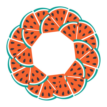 Triangular Watermelon slices with seed. Circle Frame watermelons pieces. Summer Copy space Template. Isolated Vector illustration Thematic cards, posting or web promo banner, print material, price tagのイラスト素材