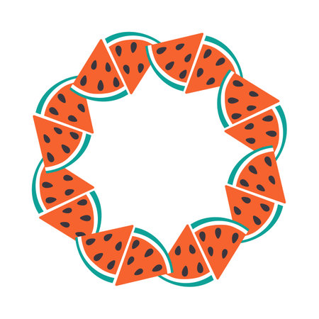 Triangular Watermelon slices with seed Circle frame border in trendy Summer hues. Copyspace Template. Isolated Vector illustration Thematic cards, posting or web promo banner, leaflet, print materialsのイラスト素材