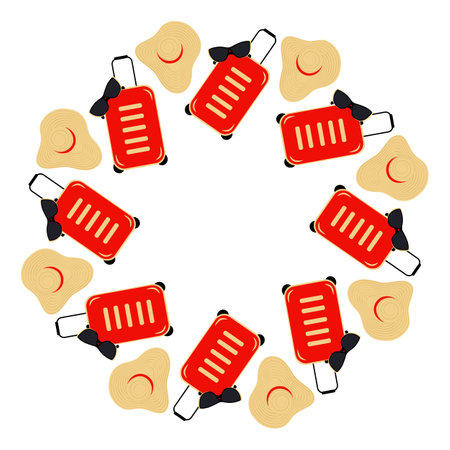 Wide brimmed hat, sunglasses and travel suitcase Circle Frame border. Summertime Copy space Template. Isolated Vector illustration Touristic cards, posters, banners or web promo leaflets, price tagsのイラスト素材