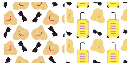 Wide brimmed hat, sunglasses and travel suitcase Seamless patterns Set 2. World Tourism Day...