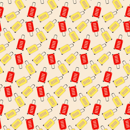 Travel suitcase on wheels with handle Seamless Pattern in trendy red and yellow. Trip backdrop idea. Vector illustration Thematic cards, posting, blog or web promo, leafletのイラスト素材