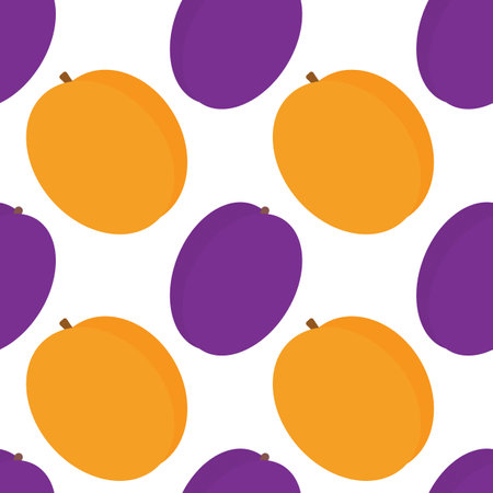Apricots and plums Seamless pattern in trendy orange and purple. Summer fruits Background concept. Isolated Vector illustration Wrapping, wallpaper or web promo backdrop cards, leaflets, banner, labelのイラスト素材