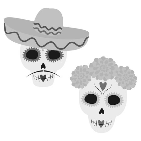 Patterned Male and Female Skull in sombrero and floral wreath Day of the dead Cute character Set 2. Isolated Vector illustration Thematic cards, Sticker, icon or web promo poster, banner, leaflet, tagのイラスト素材