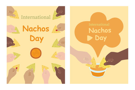Human hands dipping Nachos in cheese sauce and International Nachos Day lettering. Set 2 Leaflets. Vector illustration Thematic Cards, greeting, posters, leaflets, price tag, label or web promo bannerのイラスト素材