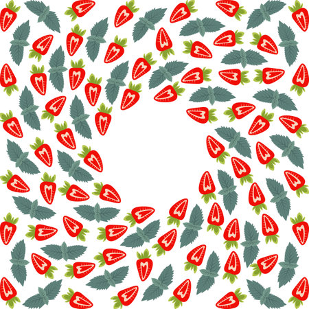 Strawberry with mint leaves Circular Frame border. Summertime healthy fruit Cope space Template idea. Isolated Vector illustration Thematic or menu cards, leaflets, greetings, label or web promo bannerのイラスト素材