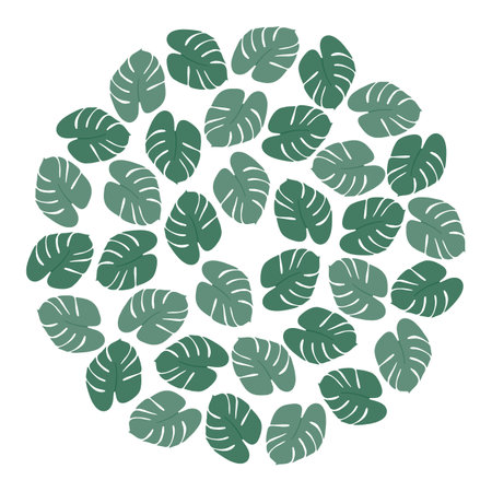 Abstract Monstera leaves Circular Backgrounds texture in monochrome green. Summer backdrop concept. Isolated Vector illustration Cards, poster, price tag, label or web promo banner, leaflets, brochureのイラスト素材