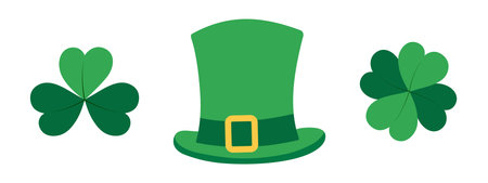 Leprechaun hat, Shamrock and Quatrefoil. St Patrick Day greeting design element concept Minimalism. Isolated Vector illustration Thematic or greeting cards, label or web promo banner, leaflets, priceのイラスト素材