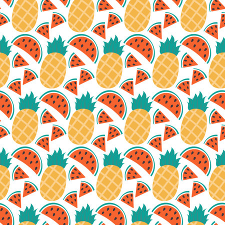 Watermelon slices with seeds and Whole Pineapple Seamless Pattern on transparent background concept. Isolated Vector illustration Thematic cards or web promo banner, leaflets, print materials or tagsのイラスト素材