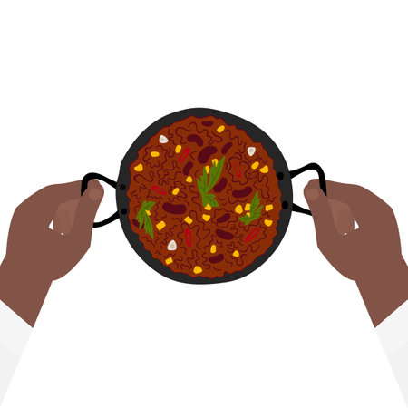 Male hands holding Grill pan with Fried egg with yolk and spices and 2 sausages Egg Day design idea. Isolated on white Vector illustration Cards, posters, flyer, leaflet, banner, label or web, promoのイラスト素材