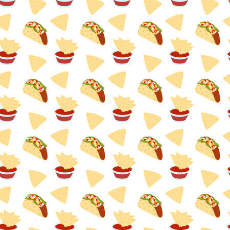 Mexican Taco meat filling and Nachos chips with salsa sauce in saucer Seamless Pattern. Mexican food. Isolated Vector illustration Wallpaper, wrapping, packing or web promo banner, leaflet, menu cardのイラスト素材