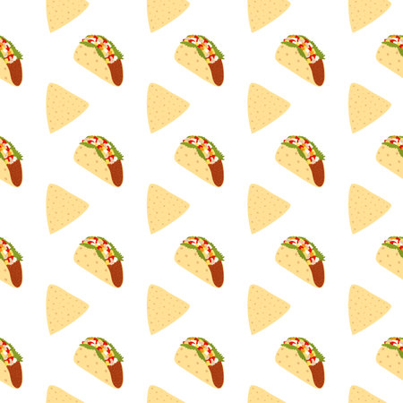 Triangular Tortilla chips Nacho and Taco Seamless pattern Traditional Mexican cuisine backdrop idea. Isolated Vector illustration Wallpaper, wrapping, packing or web promo banner, leaflet, menu cardのイラスト素材
