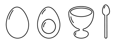 Whole and half boiled egg, egg cup and spoon Minimalist linear icon Egg Day or Breakfast Set element. Isolated Vector illustration Thematic cards or web promo banner, leaflets, print materials or tagsのイラスト素材