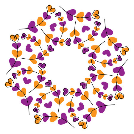 Hearts shape twigs Circular frame border Halloween Festive orange and purple Copyspace Template idea. Isolated Vector illustration Greeting Invitation Party Cards, poster or web promo banner, leafletsのイラスト素材