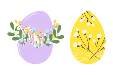 Easter egg and Cracked Eggshell with blossom twigs bouquet and decor Easter design element idea Set. Isolated Vector illustration Easter or Springtime greeting Thematic or poster, banner, leaflet, tagのイラスト素材