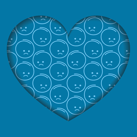 Hand Drawn Emoticons Sad Faces Pattern under Heart shape Motivation Greeting design Paper Cut design. Isolated Vector illustration Blue Monday Thematic Cards, promo banner, leaflets, social media postのイラスト素材