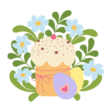 Isolated vector illustration featuring a festive Easter dessert with flowers. Ideal for greeting cards, banners, and labels.のイラスト素材