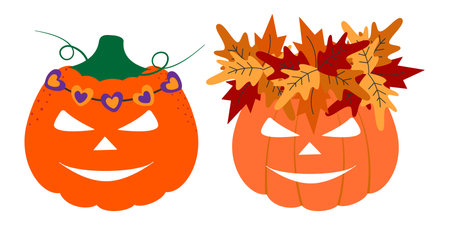 Cartoon Halloween Pumpkins decorated hearts and Autumn leaves Wreaths Cute Halloween Characters Set. Isolated Vector illustration Holidays Greeting Thematic Cards, Party invite or banner, leaflet, tagのイラスト素材