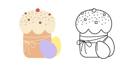 HandDrawn Easter Cake and eggs Colorful and Outline Easter Sticker Icon Pictogram Design Element...