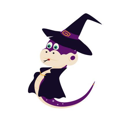 Hand Drawn Witch Snake in Hat and Cape Cute Halloween Character Holiday Thematic Design element idea. Isolated Vector illustration Sticker Icon Halloween Related content Greeting Cards, leaflet, postsのイラスト素材