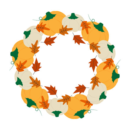 Cozy Autumn dry leaves and Pumpkins White ang Orange Thanksgiving Circle Frame border Copy space. Isolated Vector illustration Thanksgiving greeting, Social media Post or promo banner, leaflets, labelのイラスト素材