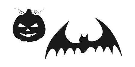 Silhouette Halloween Pumpkin and Bat Traditional Halloween Symbols Minimalistic design elements Set. Isolated Vector illustration Sticker Icon Halloween Pictogram Greeting Themes Cards, leaflets, postのイラスト素材