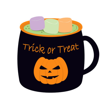 Halloween Black Cup with Jack Lantern Trick or Treat Text on Front and Marshmallow in Witch potion. Isolated Vector illustration Halloween Greeting Cards Related content, leaflets, posts, price labelsのイラスト素材