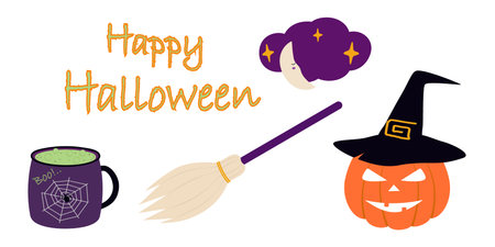 Purple Halloween Mug Broom Pumpkin in Witch Hat Crescent moon Cloud and Happy Halloween Text. Bundle. Isolated Vector illustration Halloween Holiday Themed Cards ads banner, leaflets, price tag, labelのイラスト素材