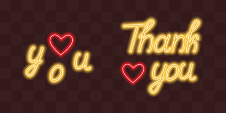 Love you Thank you Text and Hearts Neon Glowing Effect Thanksgiving Greetings Themed Elements Design. Isolated Vector illustration Thanksgiving or Valentines Day Related Content Leaflet Banner Postersのイラスト素材
