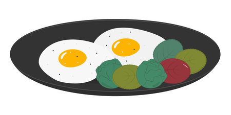 Fried Eggs with brussels sprouts and salad leaves trendy Presentation on black plate Healthy eating. Isolated Vector illustration Healthy Food Recipe Menu Cards Banner, leaflets, labels, price, posterのイラスト素材