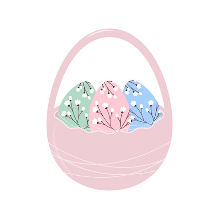 Easter Eggs with floral decor in egg shape bucket Minimalistic Flat design in trendy spring Pallet. Isolated Vector illustration Sticker Icon Easter Related content or Greeting Cards, leaflets, tagsのイラスト素材