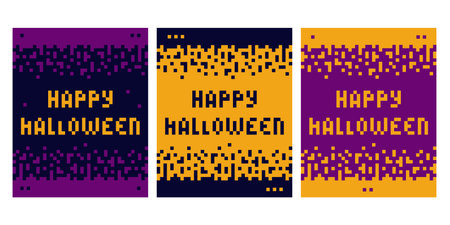 Happy Halloween Pixel Lettering. Halloween greetings minimal flat design with various trendy palette. Vector illustration Halloween Thematic cards, Media post, leaflets, invite, price, label or bannerのイラスト素材