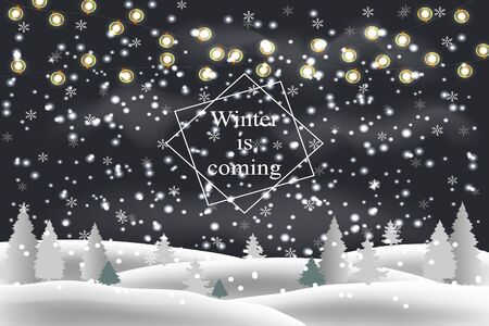 Winter is coming. Snowy night with fir trees, coniferous forest, light garlands, falling snow, forest landscape Holiday winter landscape, vector background.のイラスト素材