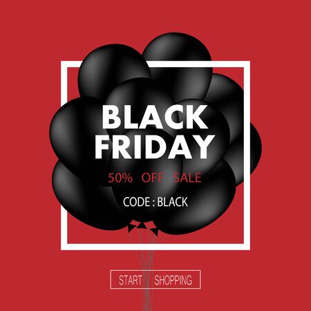Black Friday sale poster with dark shiny balls pile isolated on red background, square frame. Vector illustration.のイラスト素材