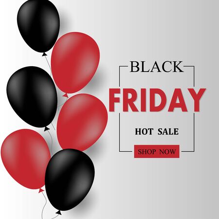 Sale banner for Black Friday. Flying black and red balloons. Lettering in frame. Seasonal shopping.のイラスト素材