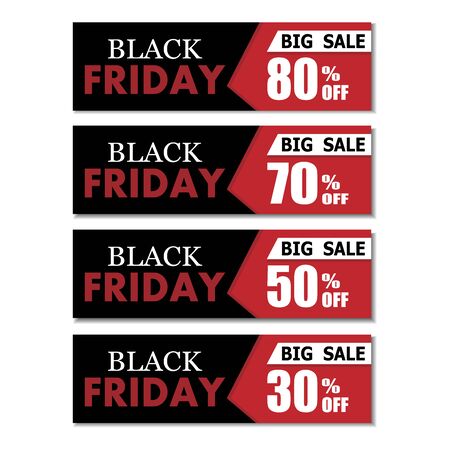 Black Friday set of banners 30%, 50%, 70%, 80% discounts. Season sale banners set. Pattern special offersのイラスト素材