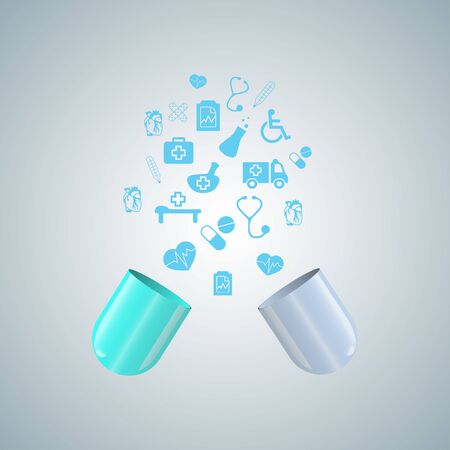 medical badges fly out of the open capsule gray blue backgroundのイラスト素材