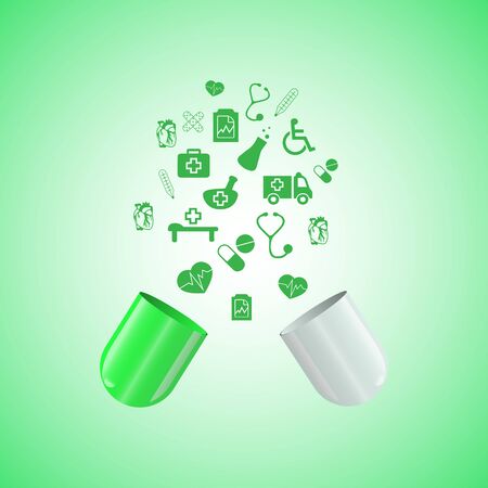 medical badges fly out of the open capsule green backgroundのイラスト素材