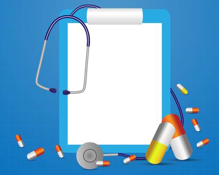 Medical background, vector illustration of medical clipboard and stethoscope and pills isolated on blue backgroundのイラスト素材