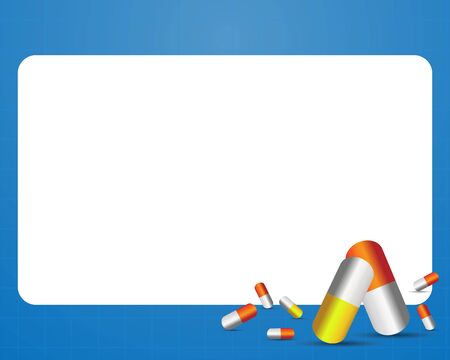 Medical background, presentation paper sheet and pills isolated on blue background.Vector illustrationのイラスト素材