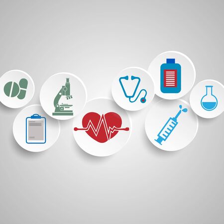 Abstract medical background with flat icons and symbols. Round icons on a light gray background.Vector illustrationのイラスト素材