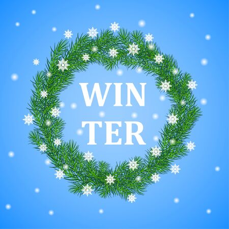 Winter background with branches of spruce arranged in a round frame, falling snow, the inscription winter.のイラスト素材