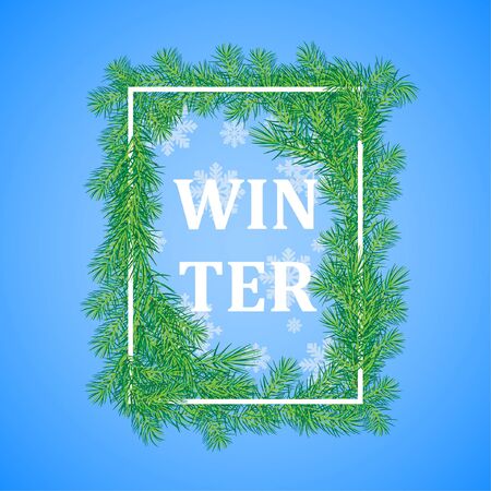 Winter background .White rectangular frame, framed by fir branches, falling snow, the inscription winter .Vector illustrationのイラスト素材