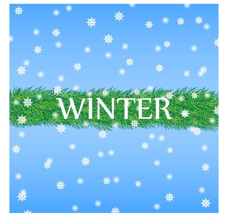 Winter background with branches of spruce arranged in a row, falling snow, the inscription winter.のイラスト素材