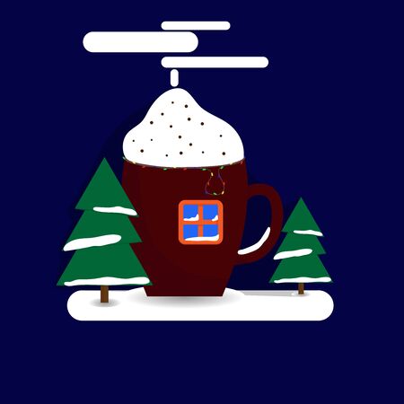 Winter is coming.Abstract house in the shape of a Cup, window, Christmas trees, garland.Bright blue background.Vector illustrationのイラスト素材