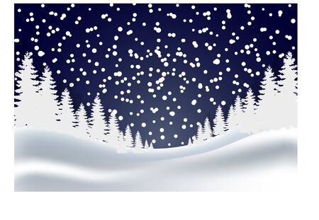 winter landscape, falling snow, pine forest, dark blue night backgroundのイラスト素材