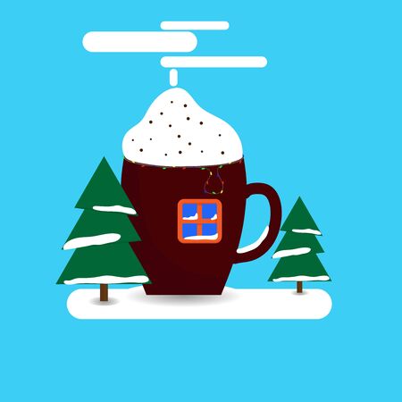 Winter is coming.Abstract house in the shape of a Cup, window, Christmas trees, garland.Bright blue background.Vector illustrationのイラスト素材
